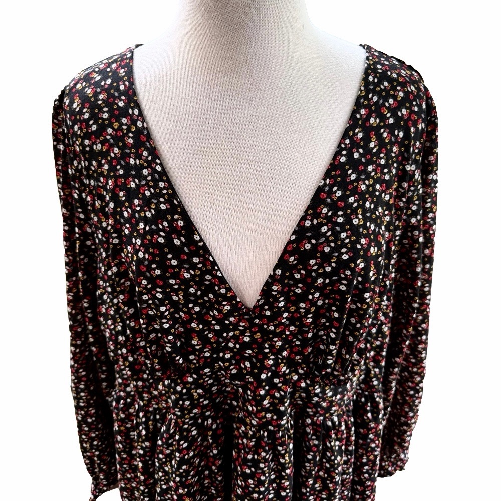 Torrid Georgette Black Floral Size 24 Dress Long Sleeve Deep V Fit Flare NEW - Picture 6 of 14